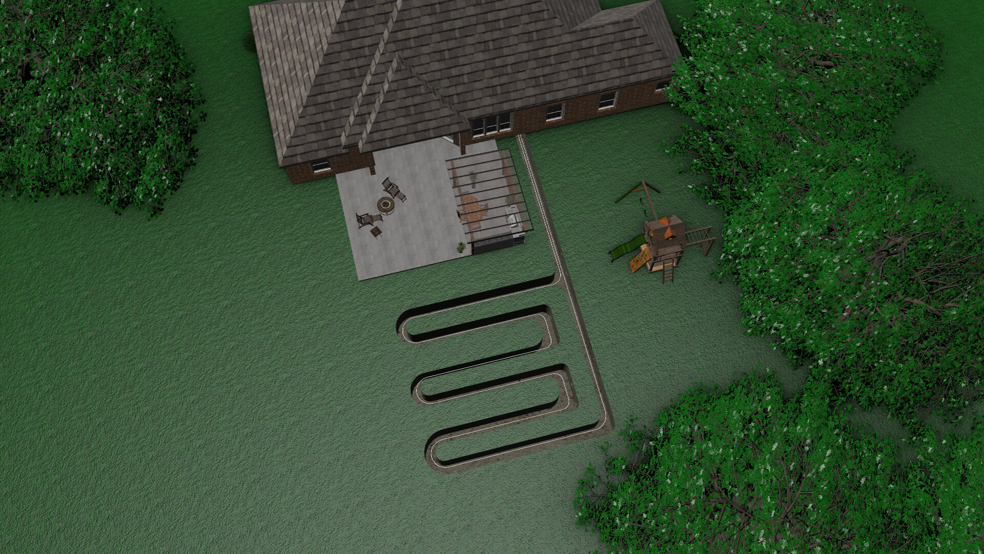 Computer rendering of how a geothermal heat pump and its ground loop connect